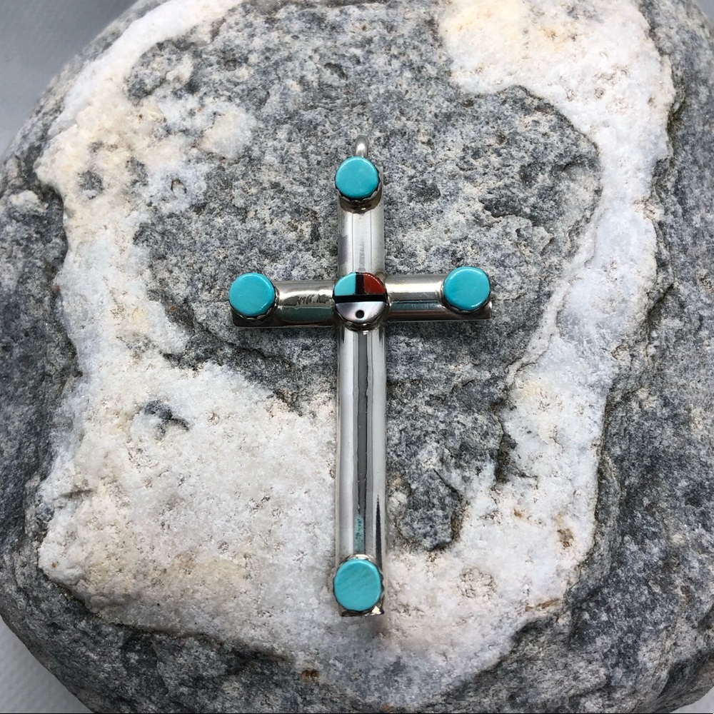 Zuni Sterling & Turquoise Sunface Cross Pendant